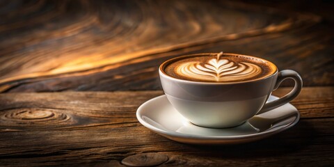 A steaming cup of latte art coffee on a rustic wooden table, inviting you to savor the aroma and enjoy a moment of tranquility.