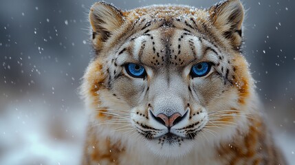 Obraz premium Snow Leopard Portrait, Winter, Mountains, Snowfall, Wildlife Photography