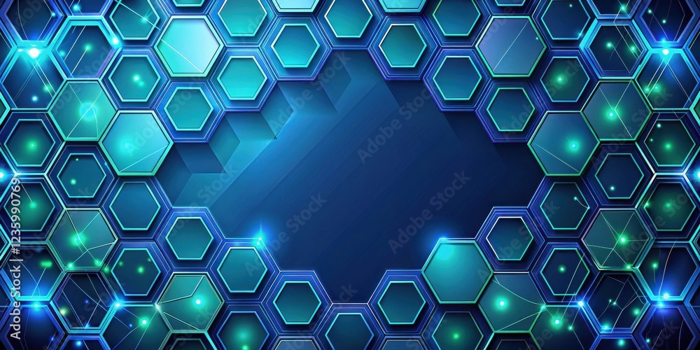 Poster Abstract Geometric Pattern of Interconnected Hexagon Shapes with Glowing Lines and a Dark Blue Background