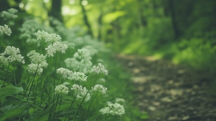Fototapeta premium White Flowers Along Forest Path Soft Light and Green Foliage