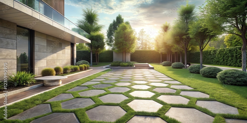 Poster a modern home with a lush, green lawn and a hexagonal stone pathway leading towards a serene garden.