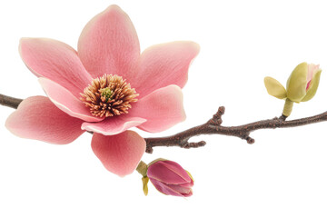 Obraz premium A close-up of a vibrant pink magnolia flower blooming on a branch with delicate petals and budding flowers, surrounded by soft spring lighting