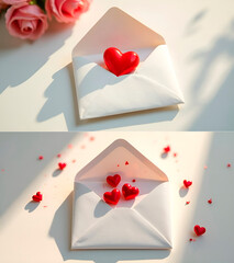 Set of two envelopes for Valentine's day. Hearts pop out of white paper envelope flat lay top view. Message for the lover. Romantic mail. Valentin'es post design. 