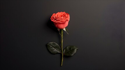 Fototapeta premium Elegant Red Rose with Green Leaves on Dark Background Display