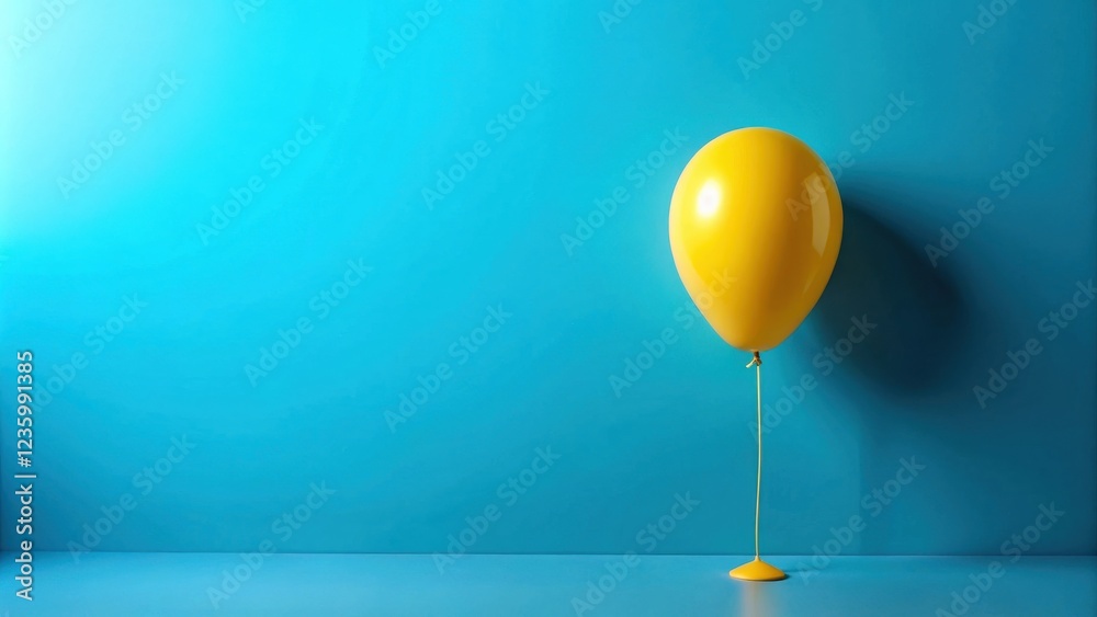 Poster A single yellow balloon tied to a string sits on a blue surface, its reflection creating a puddle of yellow