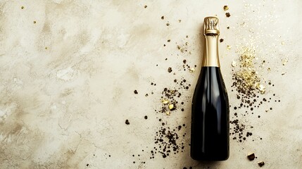 Champagne bottle with gold glitter and confetti, celebrating festive moments in style.