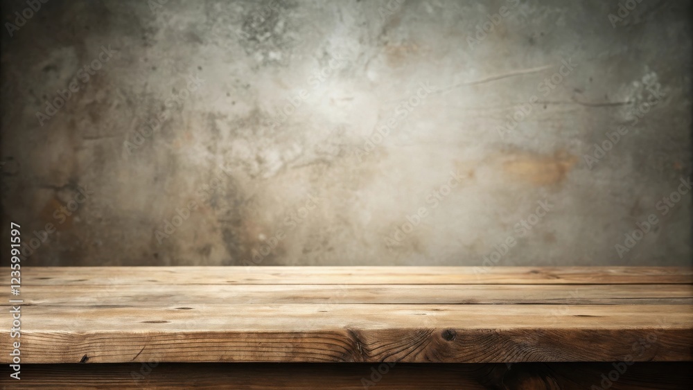 Poster rustic wooden tabletop against a weathered concrete wall, ideal for product display or rustic interi