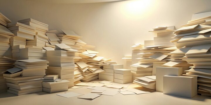 A towering mountain of paper stacks and loose sheets, a testament to the overwhelming amount of paperwork we accumulate in our lives.