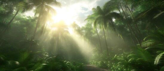 Sunlit Tropical Rainforest Path Lush Greenery Nature Scene