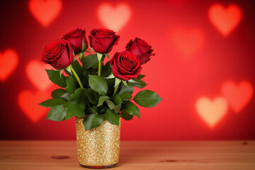 romantic setup with glass vase of red roses on glittery vase