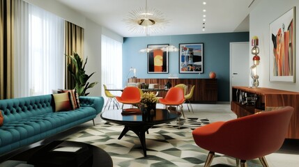 Mid-Century Modern Living Room Interior Design with Teal Sofa and Orange Accents