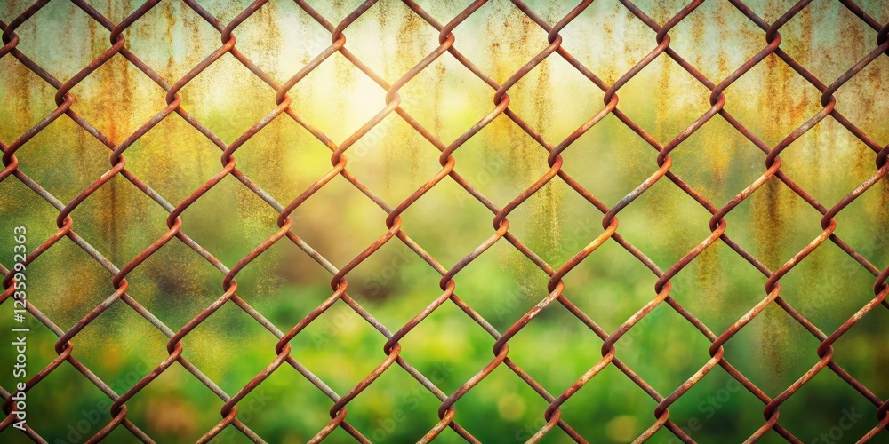 Poster a rusty chain link fence with a blurred background of lush green foliage and a sunlit sky