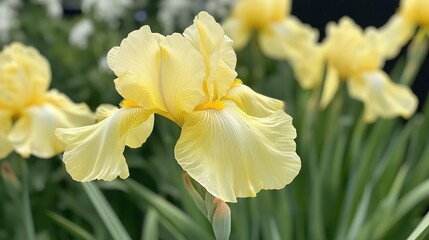 Naklejka premium Pale Yellow Iris Flower with Speckles and Water Droplets