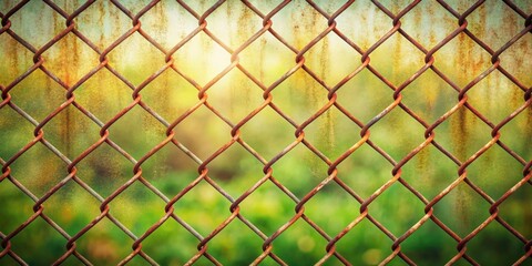 Fototapeta premium A Rusty Chain Link Fence with a Blurred Background of Lush Green Foliage and a Sunlit Sky