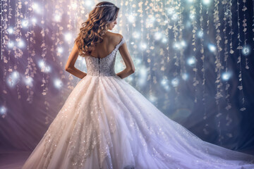 Fototapeta premium Bride wearing luxurious wedding dress posing with fairy lights backdrop