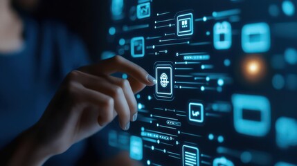 A person interacting with a futuristic digital interface.