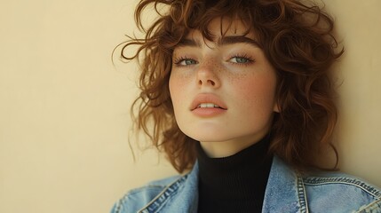 Woman with Curly Hair Leaning Against Light Beige Wall
