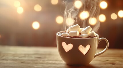 Fototapeta premium A steaming cup of hot chocolate with heart-shaped marshmallows floating on top.