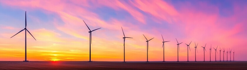 Fototapeta premium Breathtaking sunset with wind turbines silhouetted on horizon.