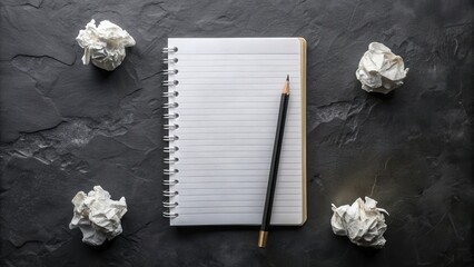 Blank notebook, pencil, and crumpled paper balls on a black surface, ready for fresh ideas