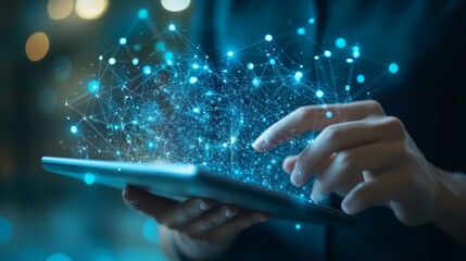 Person using tablet with glowing digital network connections