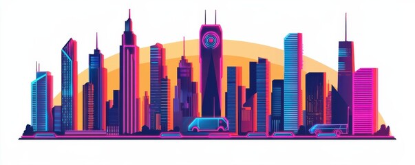 Colorful skyline illustration showcasing modern city architecture.