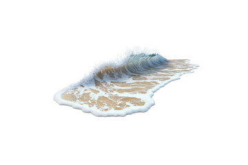 Obraz premium A serene ocean wave rolling onto a sandy beach with gentle foam, under a clear blue sky, highlighting the natural beauty of the coastline