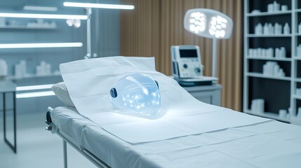 Futuristic medical room with advanced equipment, illuminated by modern lighting, highlighting technological innovation in healthcare.