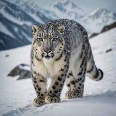 Obraz premium A snow leopard gracefully walking through a snowy mountain landscape.