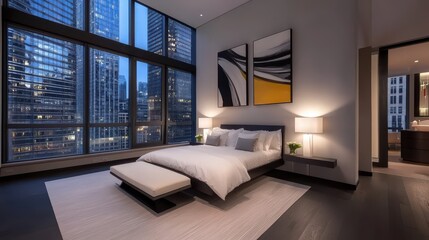 Naklejka premium Contemporary Chicago apartment featuring a chic bedroom with large windows and city-inspired artwork