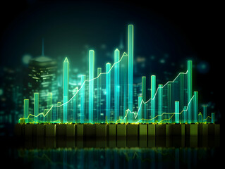 Naklejka premium Green Stock Market Graph Showing Upward Trend on a Blue Background, Representing Economic Growth and Investment Opportunities