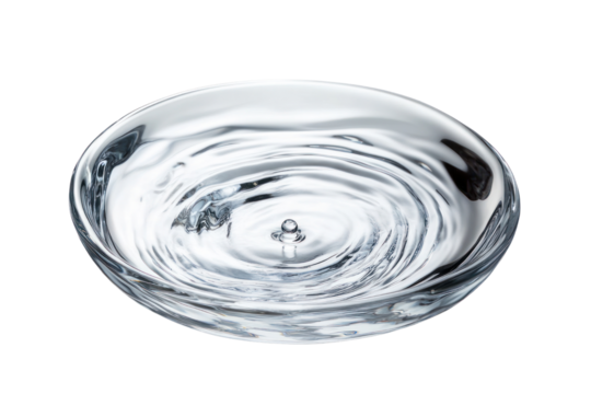A single, clear water droplet splashing into a smooth water body, generating perfectly symmetrical circular waves.