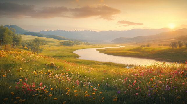 Panoramic digital art majestic river valley with vibrant wildflowers against mountain backdrop