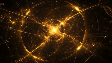 Abstract golden energy lines on black background with glowing center point