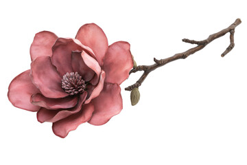 Fototapeta premium A single pink magnolia flower in full bloom, captured on a thin branch with natural texture and intricate petal details