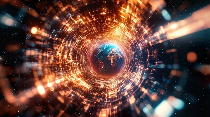 Obraz premium Futuristic Earth-centered network with glowing crypto nodes and IoT connections, symbolizing global digital connectivity.