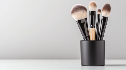 A set of elegant makeup brushes neatly placed in a sleek black holder on a clean surface, perfect for beauty and fashion enthusiasts.