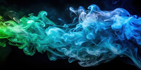 Obraz premium Abstract Swirling Smoke Art with Vibrant Hues of Green and Blue on a Black Background