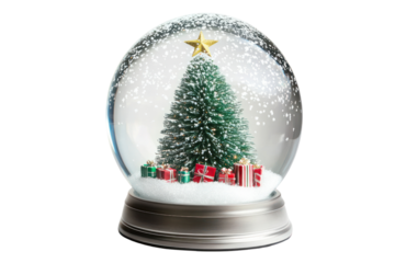 A snow globe featuring a bright Christmas tree with a star topper and tiny wrapped gifts at its base enclosed in swirling snow on a sleek metallic stand