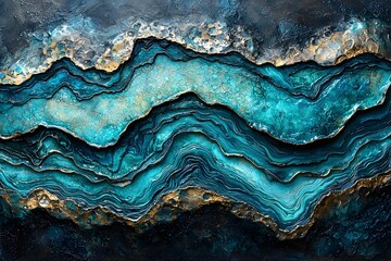 Abstract Ocean Waves with Textured Layers of Blue and Gold