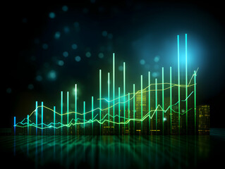 Glowing Green Stock Market Graph Displaying Market Trends Against a Nighttime Cityscape, Representing Financial Growth and Business Opportunities

