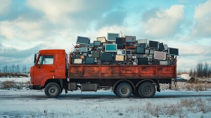 A truck filled with discarded electronics heading to a recycling plant, realistic and impactful  