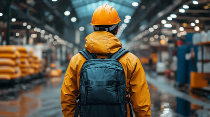 Warehouse worker in yellow safety gear walking through modern storage facility, industrial professional carrying backpack