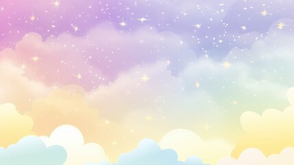 Pastel Rainbow Sky with Soft Clouds and Shimmering Stars, Perfect for Dreamy Backgrounds and Creative Designs