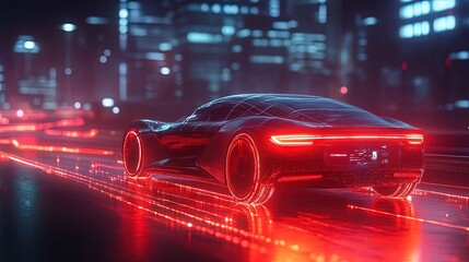 5G-enabled self-driving car on a city road, holographic interface showing connectivity, futuristic theme 