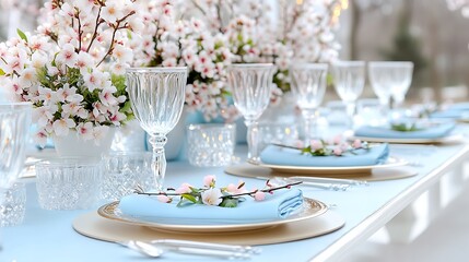 Fototapeta premium Elegant Spring Wedding Table Setting with Light Blue Napkins and Cherry Blossoms