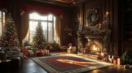 Elegant Christmas Living Room with Festive Decor and Warm Glow