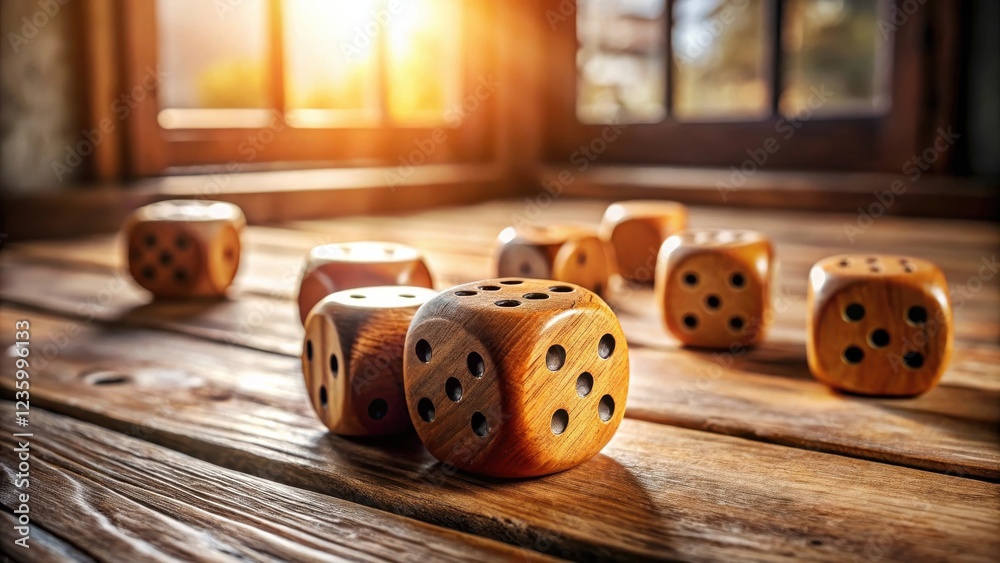 Poster Wooden dice scattered across a rustic wooden table, bathed in the warm glow of sunlight streaming through a window