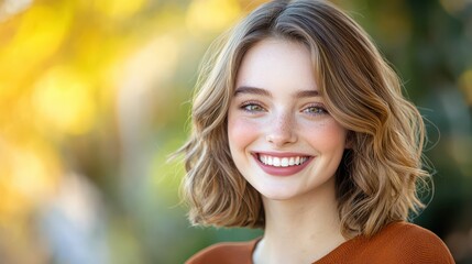 Fototapeta premium A close-up portrait of a young woman with a wide, genuine smile, showcasing joy and happiness, soft natural lighting