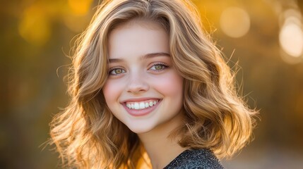 Obraz premium A close-up portrait of a young woman with a wide, genuine smile, showcasing joy and happiness, soft natural lighting
